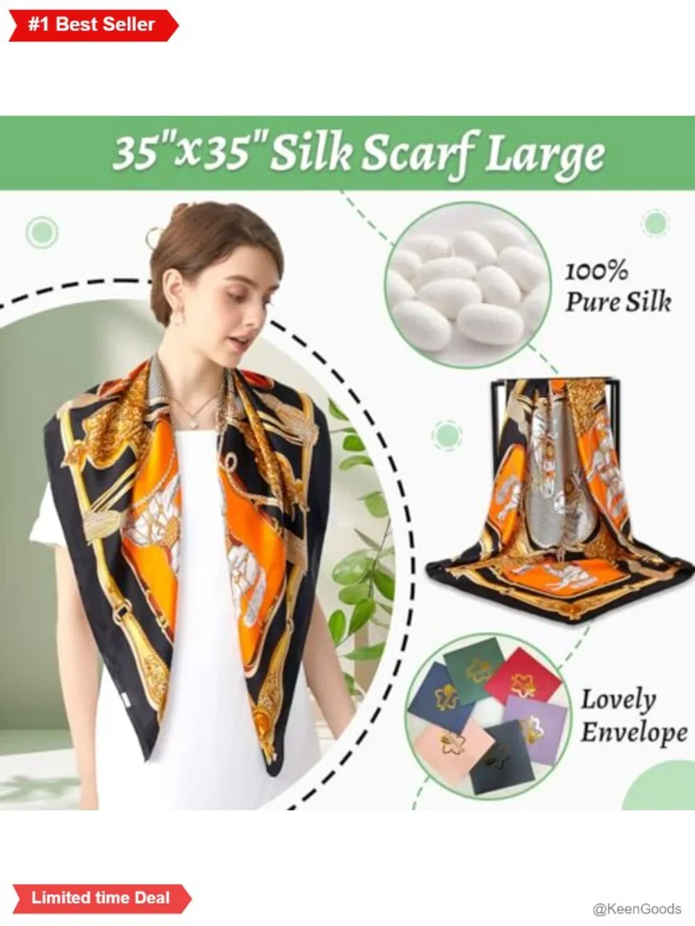 100% Mulberry Silk Head Scarf 35x35 Square Hair Scarf Lightweight Bandana Large